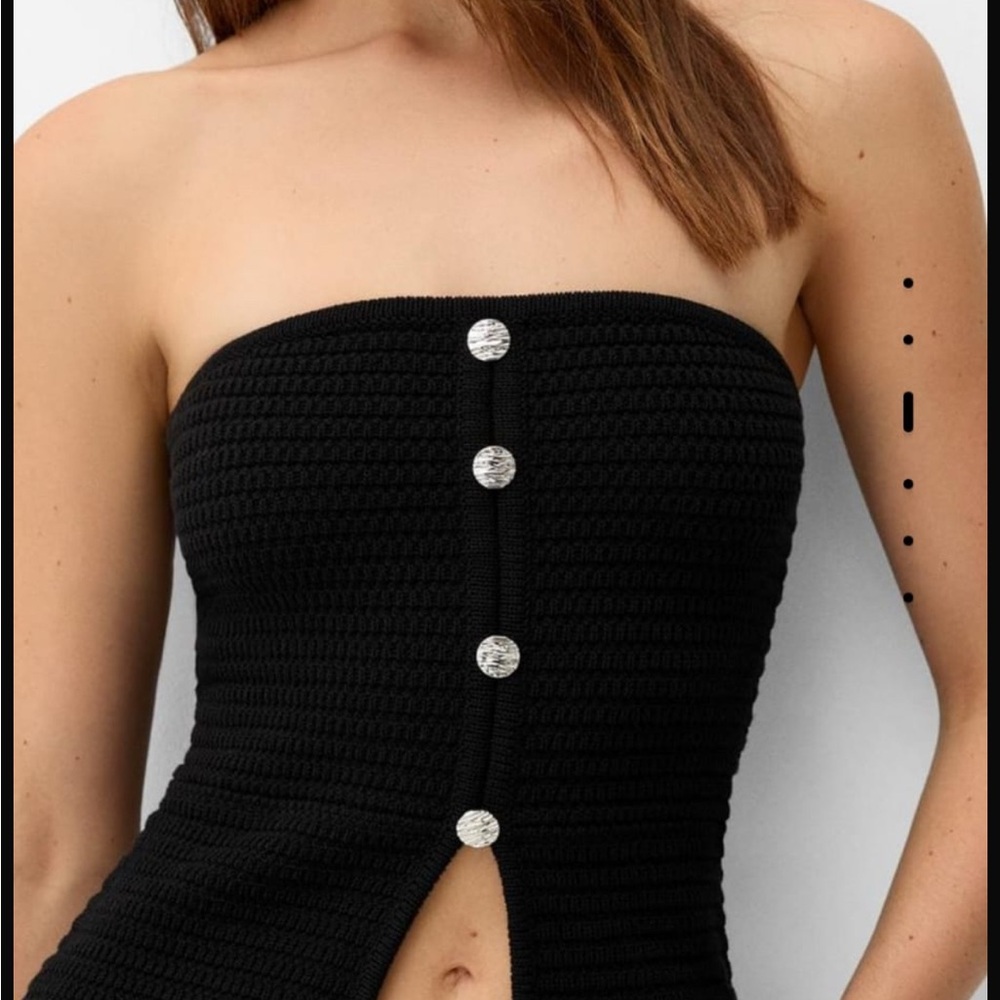 ZARA NEW Black Strapless Knit Top with Silver Buttons